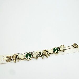 TOFA Vintage Gold-Tone Charm Necklace Peace Sign, Dove, Torch & Enamel Accents